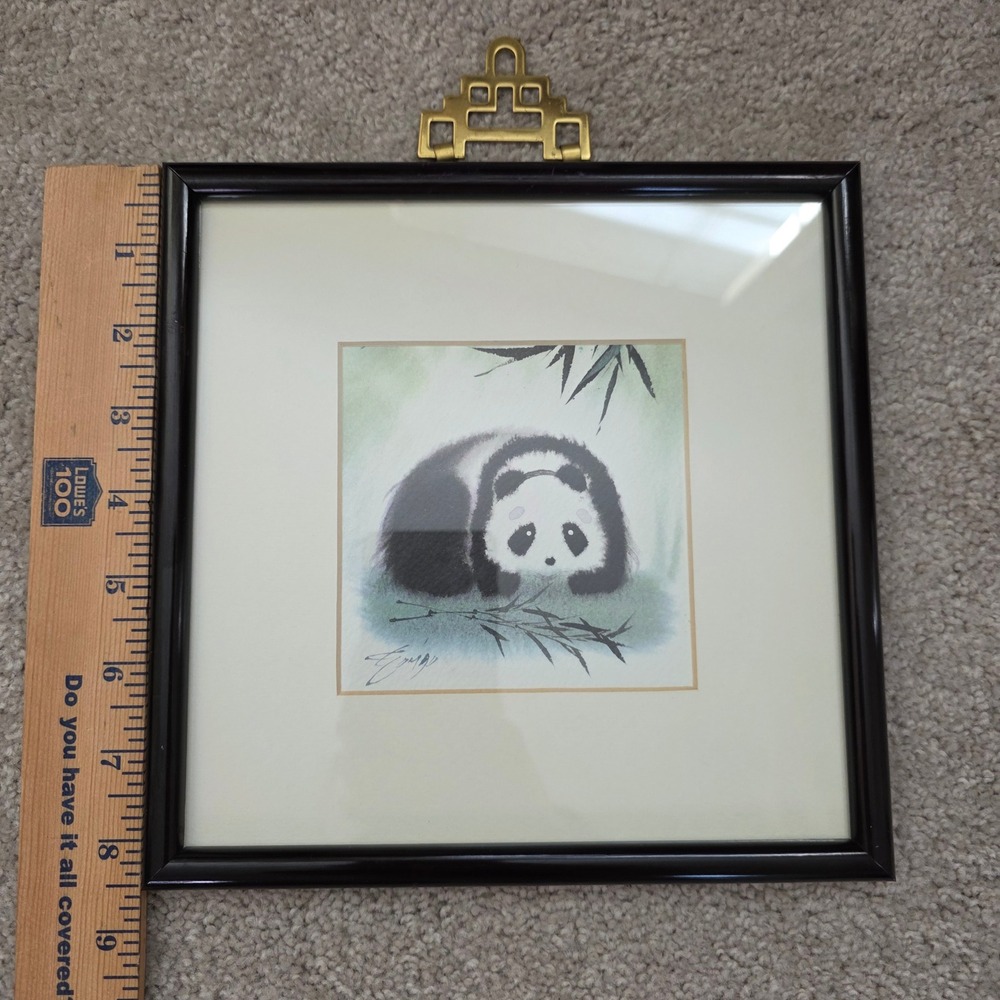 Vintage Set of 3 Framed Panda Prints Chinoiserie Brass Pagoda Hanger 8x8 zoocore - Picture 2 of 16